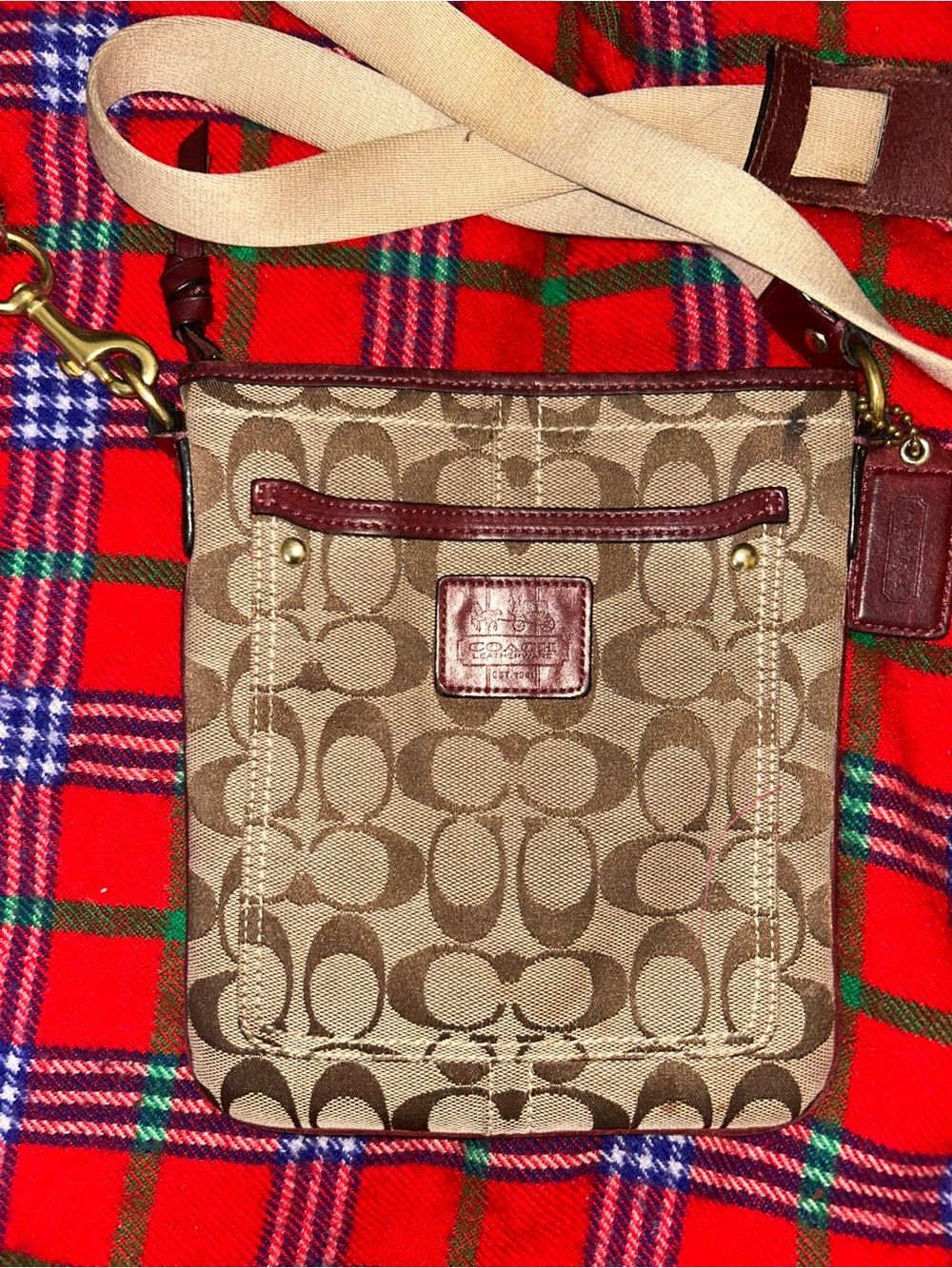 Coach Khaki/Brown Signature Canvas Crossbody with Tan Strap